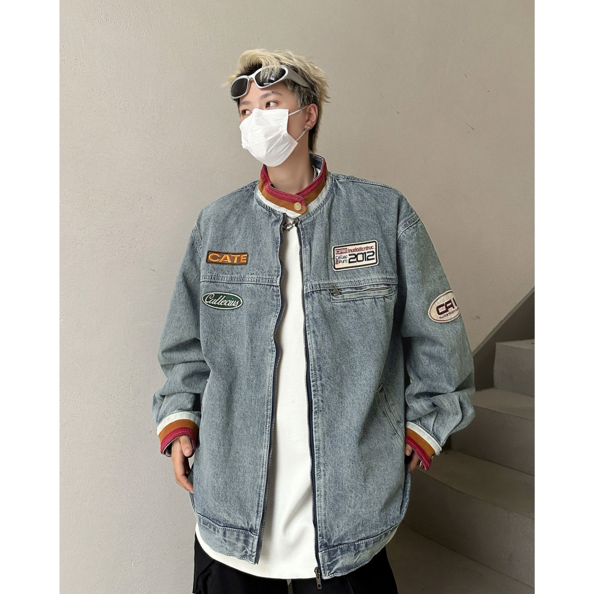 春秋美式字母刺绣牛仔外套男女潮流百搭宽松情侣帅气复古立领夹克