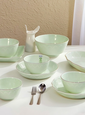 雅诚德碗家用吃饭碗餐具荷塘月色奶油风陶瓷碗2025新款菜盘子组合