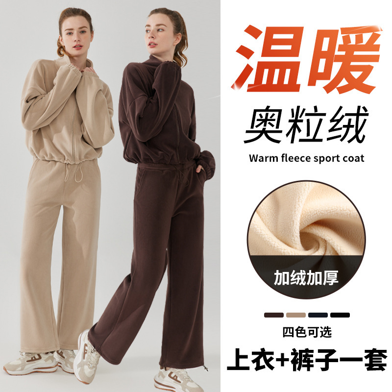 奥粒绒拉链立领卫衣两件套女秋冬季加厚保暖运动上衣裤子休闲套装