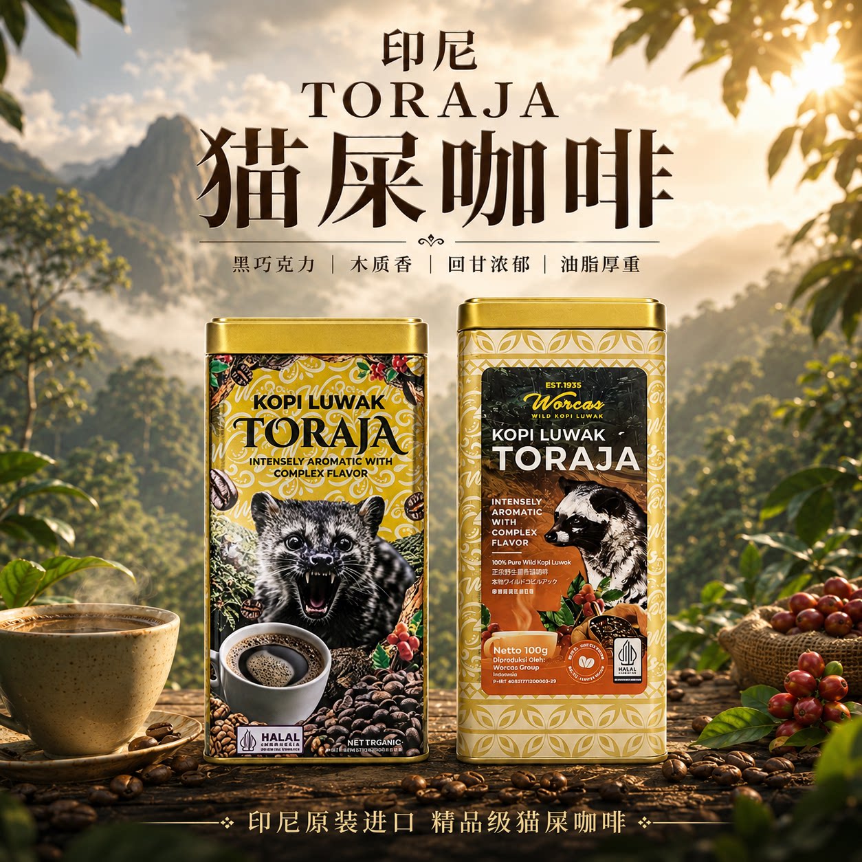 印尼进口WORCAS猫屎咖啡豆/粉TORAJA铁罐装正品醇厚低酸送礼精品图片