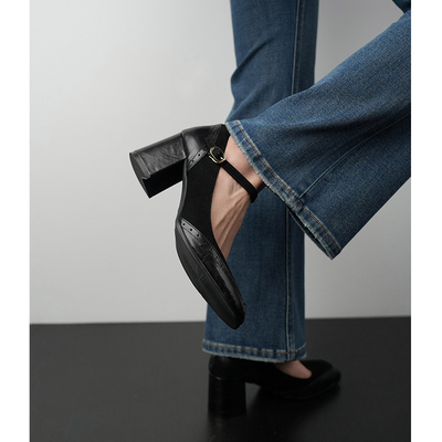 Fermina方头浅口单鞋女粗跟高跟玛丽珍鞋复古通勤女鞋气质工作鞋