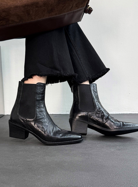 Fermina 法式复古方头短靴女粗跟通勤静音跟女靴真皮软面单靴体制