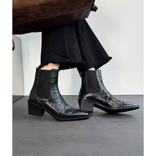 Fermina 法式复古方头短靴女粗跟通勤静音跟女靴真皮软面单靴体制