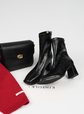 Fermina 复古方头短靴女粗跟高跟瘦瘦靴秋冬新款通勤风女靴子黑色