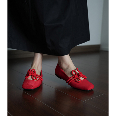 Fermina方头浅口单鞋女平底蝴蝶结红色婚鞋简约百搭中国结女鞋春