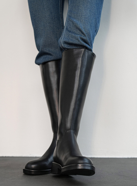 Fermina 全牛皮不过膝骑士靴女黑色长筒靴大筒长靴简约高筒马靴秋