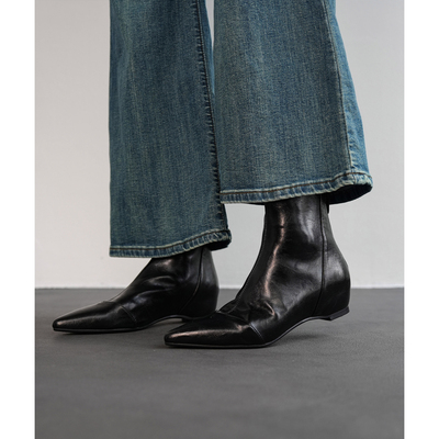 Fermina 尖头拼接弹力短靴女平底内增高瘦瘦靴简约通勤女靴秋新款