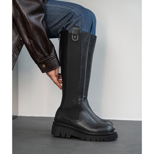 Fermina 不过膝长靴长筒骑士靴女平底厚底大码靴高筒松紧烟管靴秋