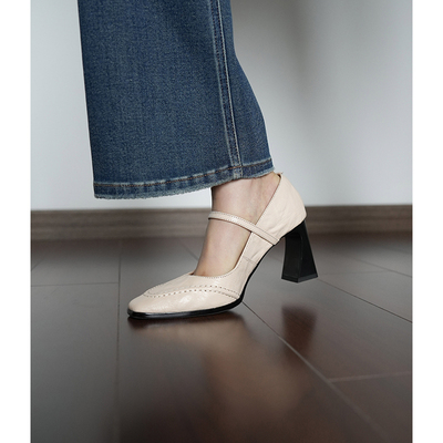 Fermina方头浅口单鞋女粗跟高跟鞋法式复古风通勤女鞋黑色工作鞋