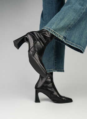 Fermina 复古高跟瘦瘦靴女气质秋冬新款方头短靴粗跟通勤弹力女靴