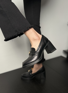 Fermina 山茶花高跟乐福鞋女尖头厚底粗跟单鞋英伦风小皮鞋2024新