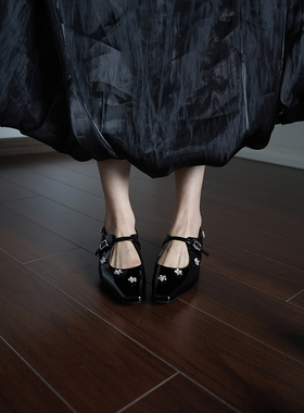 Fermina小方头水钻花朵单鞋女平底内增高时尚银色一字扣玛丽珍鞋