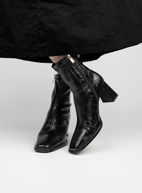 Fermina 秋季新款方头瘦瘦靴女粗跟简约百搭显瘦高跟短靴通勤女靴