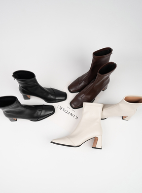 Fermina 通勤风方头弹力短靴女粗跟百搭显瘦高跟女靴秋新款瘦瘦靴