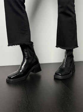 Fermina方头短靴女粗跟弹力瘦瘦靴高跟新款通勤舒适显瘦增高女靴