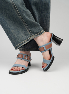 Fermina露趾一字高跟凉拖鞋女夏外穿小众设计感时尚牛仔半拖气质