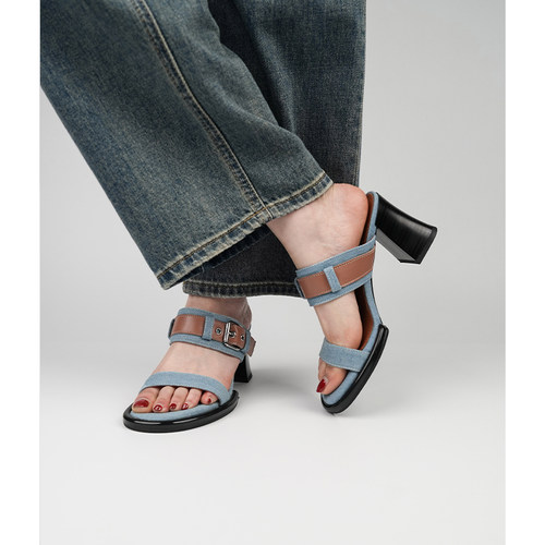 Fermina露趾一字高跟凉拖鞋女夏外穿小众设计感时尚牛仔半拖气质