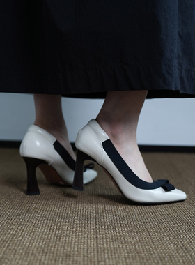 Fermina 小方头浅口单鞋女细跟蝴蝶结白色高跟鞋简约舒适通勤鞋夏