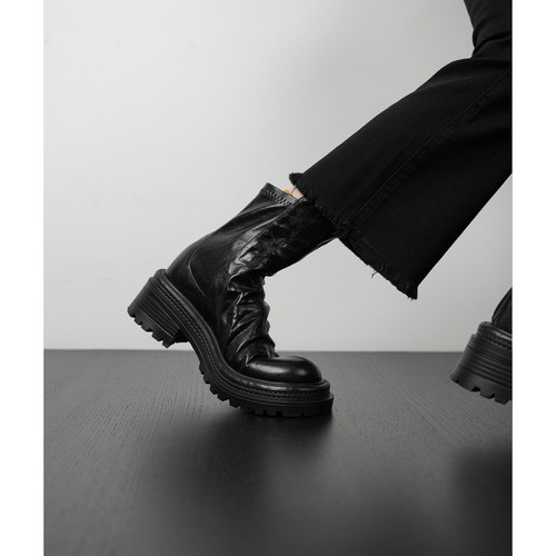 Fermina 复古风圆头马丁靴女厚底短靴通勤女靴子黑色切尔西靴烟管