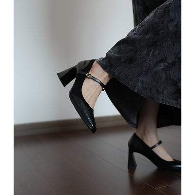Fermina黑色高跟玛丽珍鞋女气质浅口单鞋粗跟方头文艺黑色通勤鞋