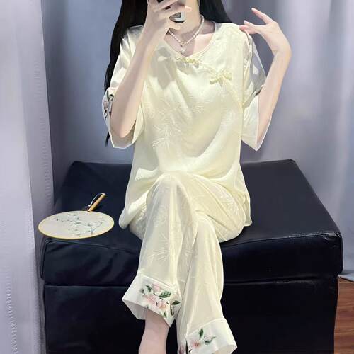 轻奢国风新中式夏季冰丝睡衣女短袖长裤带胸垫薄款两件套家居服