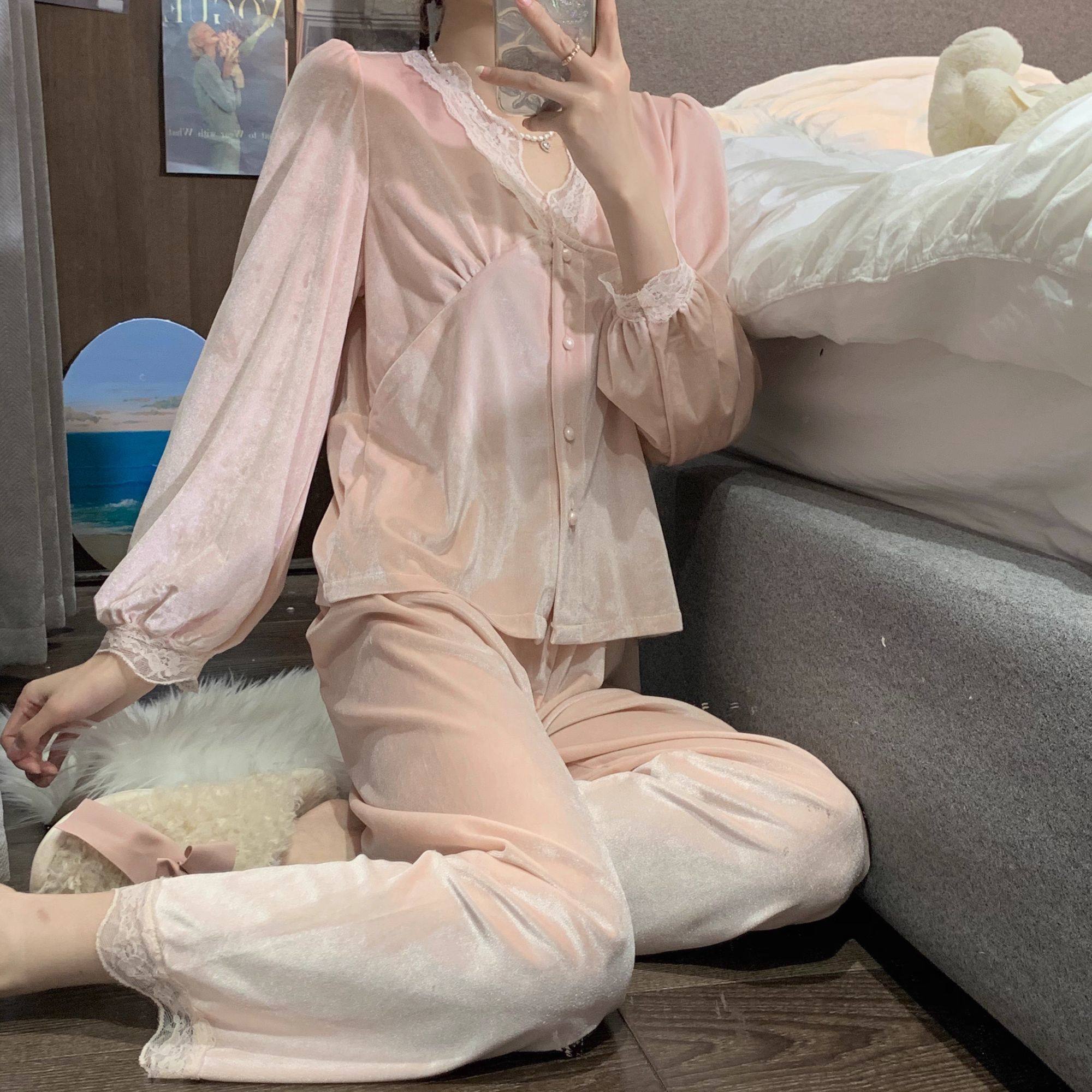 睡衣纯长袖欲新款金丝绒秋季花边蕾丝家居服套装女款2025高级感女