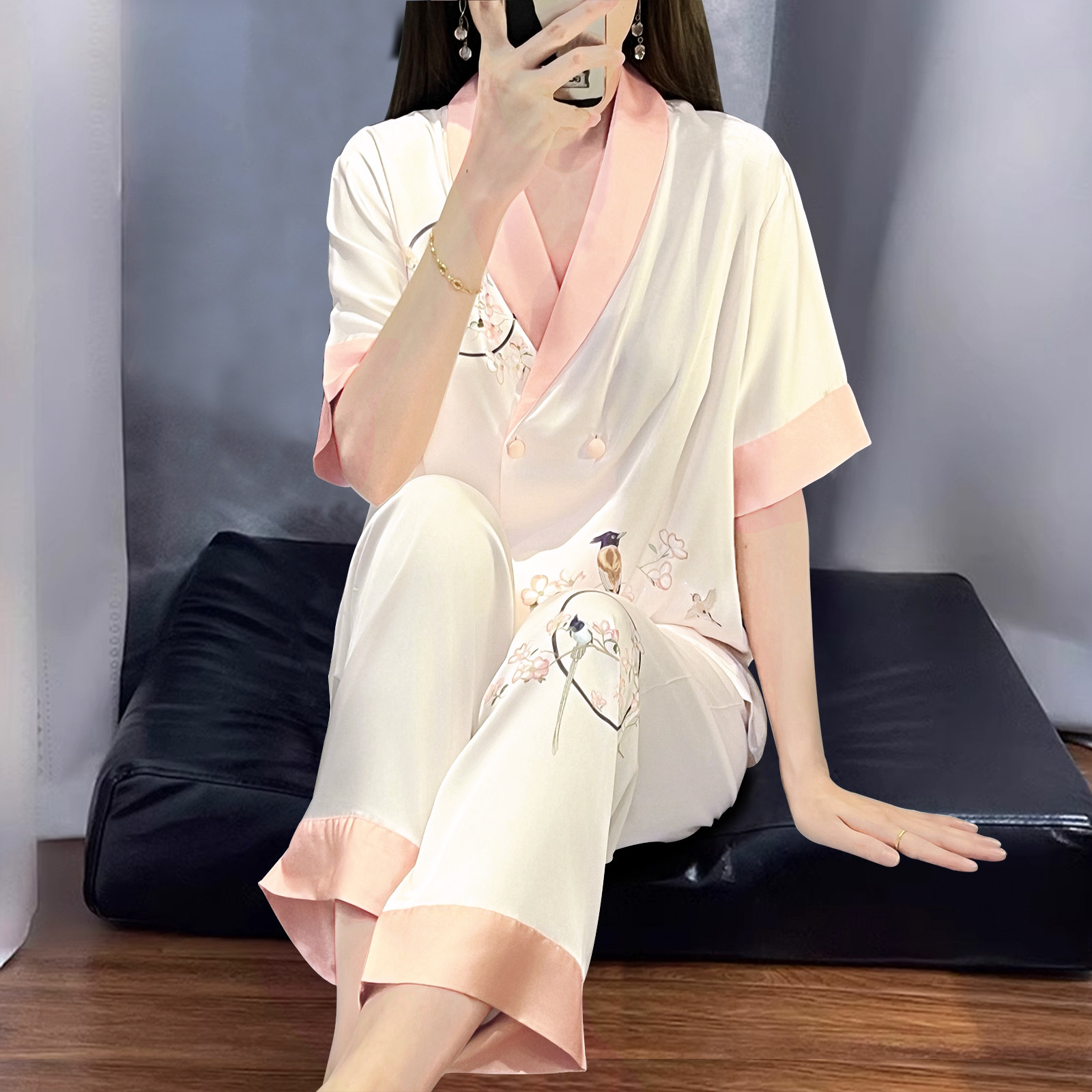 睡衣女士夏季气质显白家居服套装薄款冰丝新中式国风V领短袖长裤