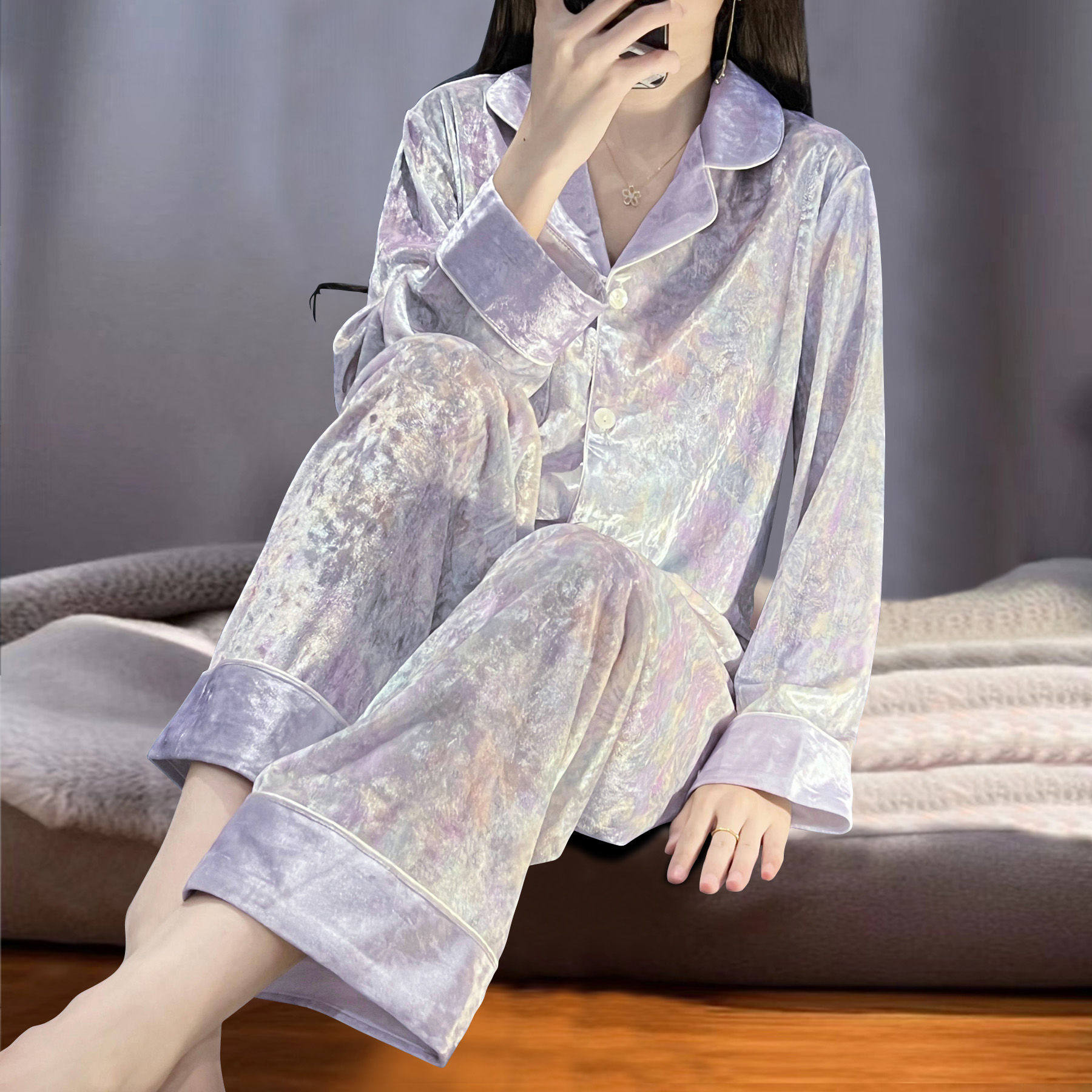 秋冬睡衣女春秋季金丝绒甜美可爱长袖家居服两件套装网红爆款紫色