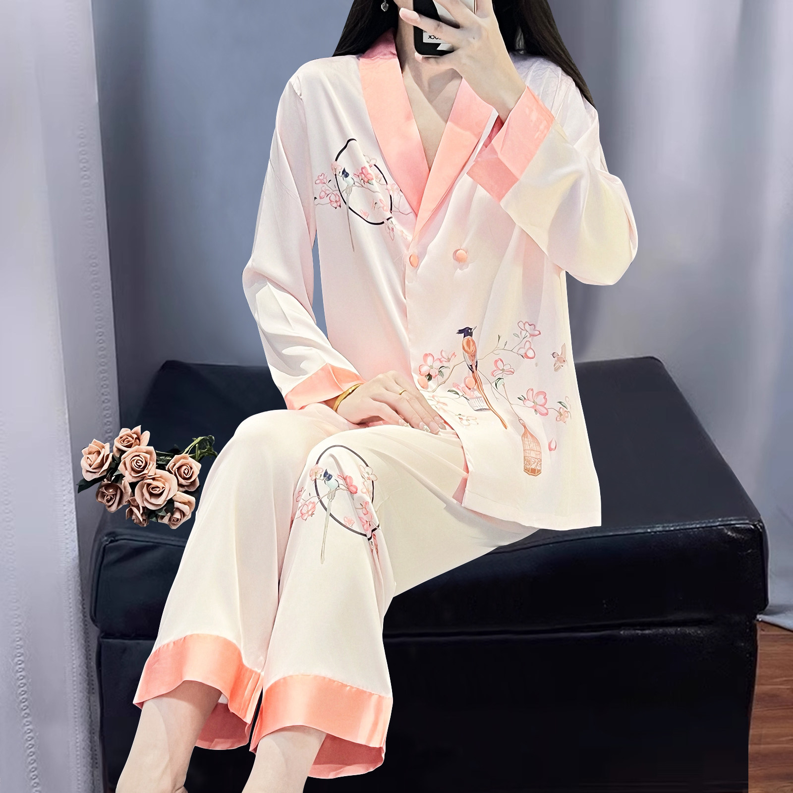 高级感水光绸睡衣女士春夏季2025年新款国风冰丝印花质家居服套装