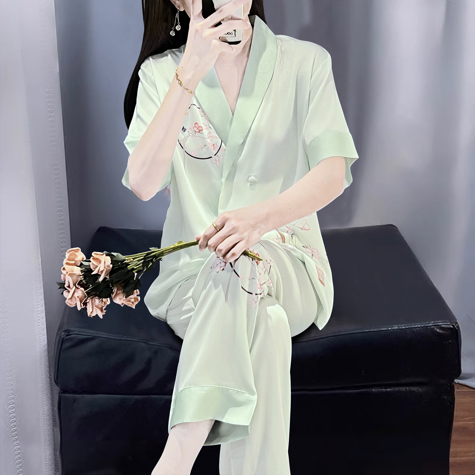 冰丝睡衣女春夏短袖长裤印花薄款可外穿大码高级感家居服两件套装