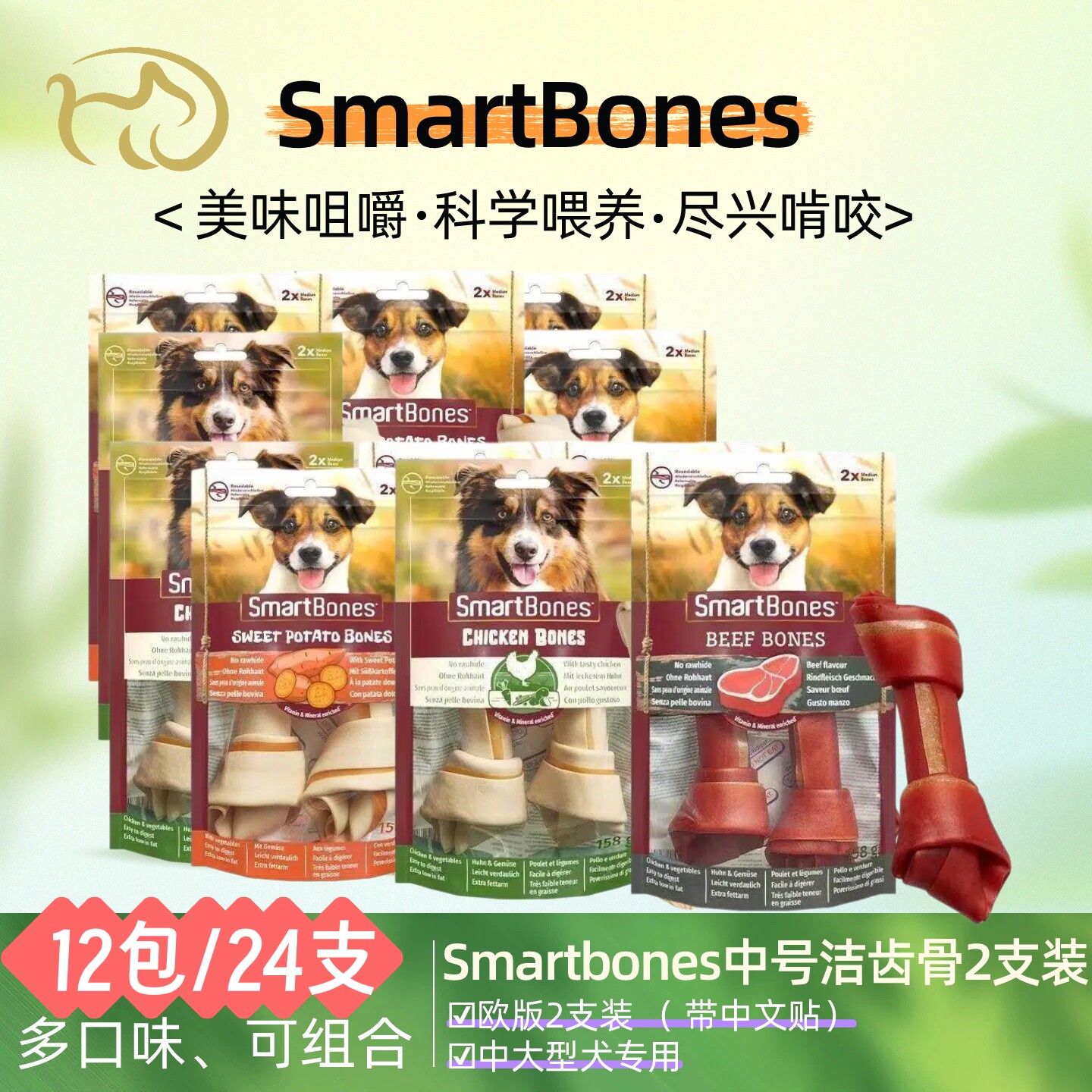 SmartBones中号洁齿骨狗狗磨牙棒多口味24支装科学喂养