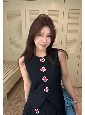 Scout 莫里斯艺术气息 装饰花西装马夹+半裙套装女夏千金感两件套