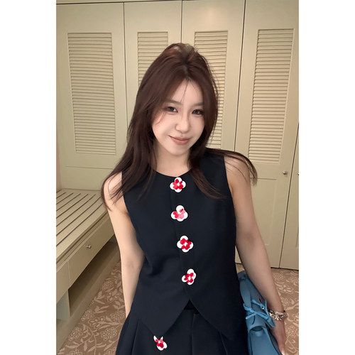 Scout 莫里斯艺术气息 装饰花西装马夹+半裙套装女夏千金感两件套