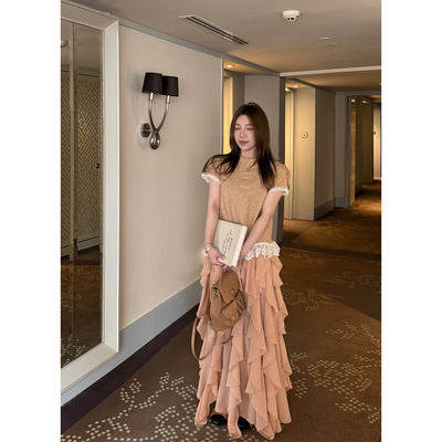 Scout 那不勒斯女神 香槟色重工蕾丝拼接针织超浪漫法式大纱裙女