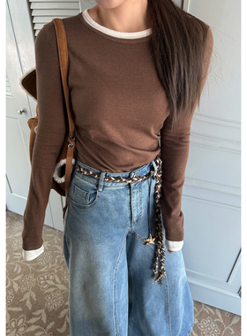 Scout 醋酸美丽奴羊毛 柔纱拼色圆领针织打底三色女冬长袖T恤