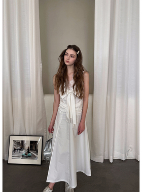 Scout 唐顿庄园 法式优雅精梳棉蕾丝小性感连衣裙女白色无袖长裙