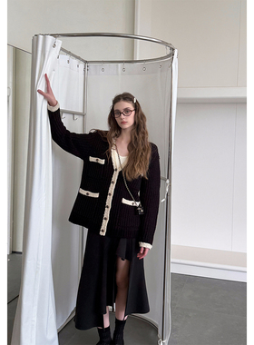 Scout vintage coco 黑色编织粗棒法式小香针织外套女中长款外套