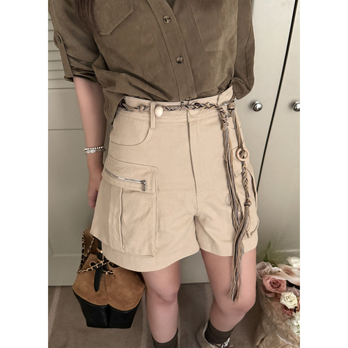 Scout 加州CityWalk 城市游猎浅卡其做旧水洗工装高腰显瘦短裤女