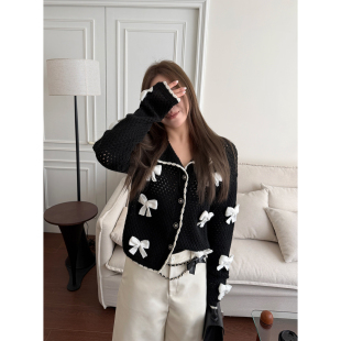 饰毛衣开衫 Scout 黑白撞色蝴蝶结装 粗棒钩花镂空经典 女 Vtg香系