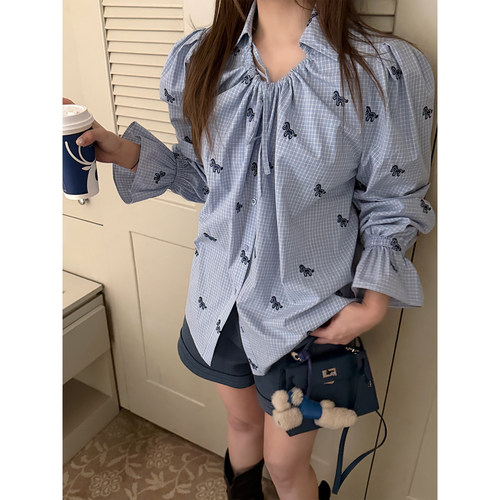 Scout 日常ootd 定制小马刺绣色织格纹老钱设计感纯白衬衫女夏季