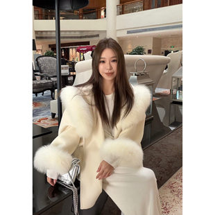 Scout 沪上顶美气质 CHAO仙感狐狸毛领全羊毛双面手工大衣女冬季