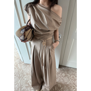 博主感阔腿裤 斜肩纽结大女人气质上衣 两件套女 车静媛欧尼 Scout