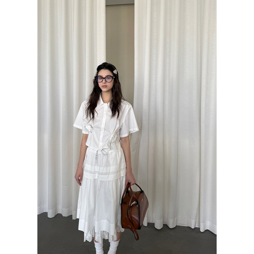 Scout 巴黎艺术展 设计师白色山茶花廓形短衬衫女夏季别致上衣