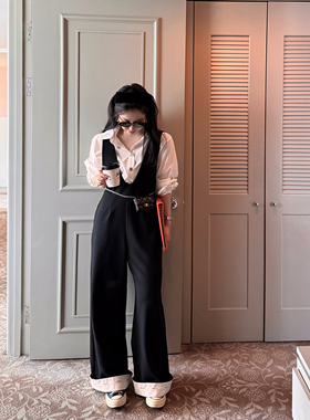 Scout 韩味慵懒休闲两穿翻折阔腿背带裤女夏黑色高腰阔腿长裤