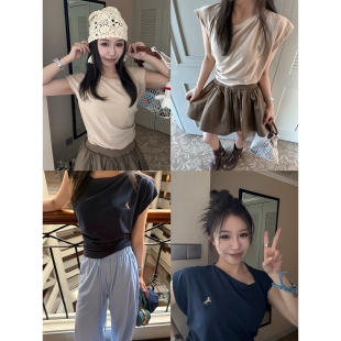 Scout 扭扭造型辣妹斜肩挖领造型感T恤女气质捏皱上衣 西太后私服