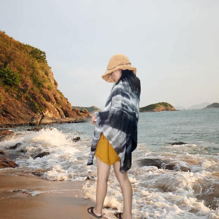 秋冬新款围巾棉麻亚麻防晒披巾女两用扎染油画三角巾大方巾