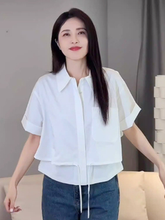 百搭抽绳上衣韩版 曾黎同款 气质时尚 白色假两件衬衫 女夏宽松短袖