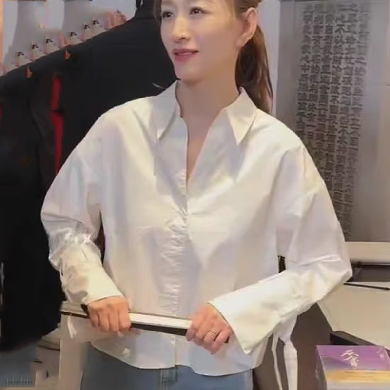 明星李小冉同款白色衬衫女宽松时尚设计感小众百搭翻领长袖上衣