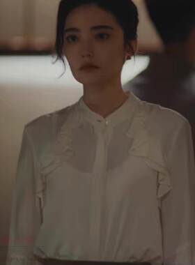 2025年明星同款女装白色雪纺长袖衬衫简约宽松版型荷叶边装饰春装