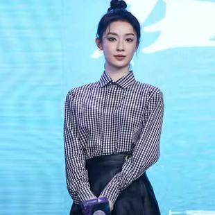 方格长袖 女春秋经典 衬衣休闲百搭上衣 黑白格子衬衫 吴谨言同款